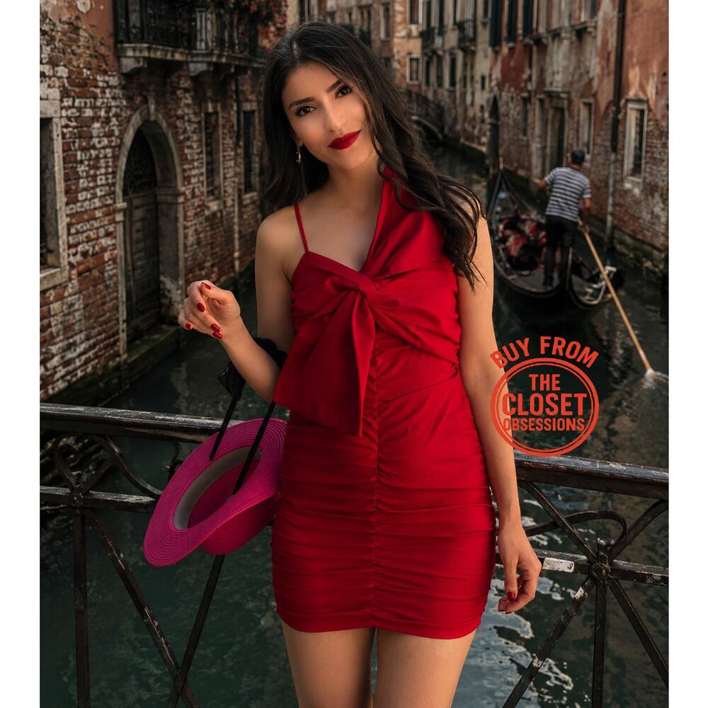 Zara Red Bow Mini Dress Ruched Bodycon Party Dress NWT - Picture 7 of 16